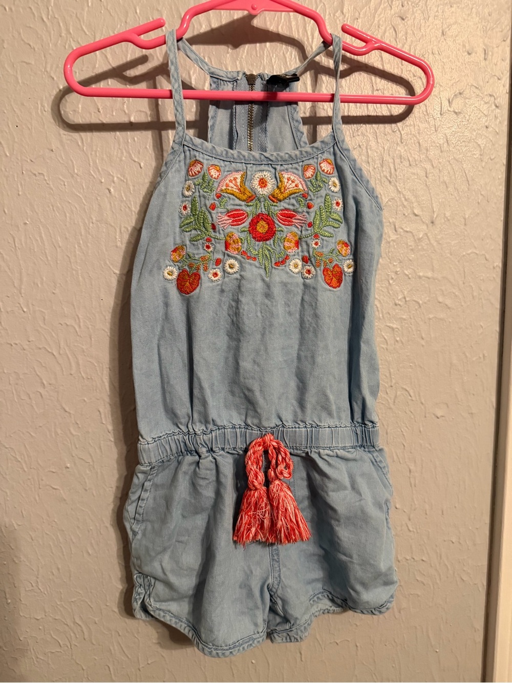 Joe's Jeans Embroidered Chambray Romper with Coral Tassel